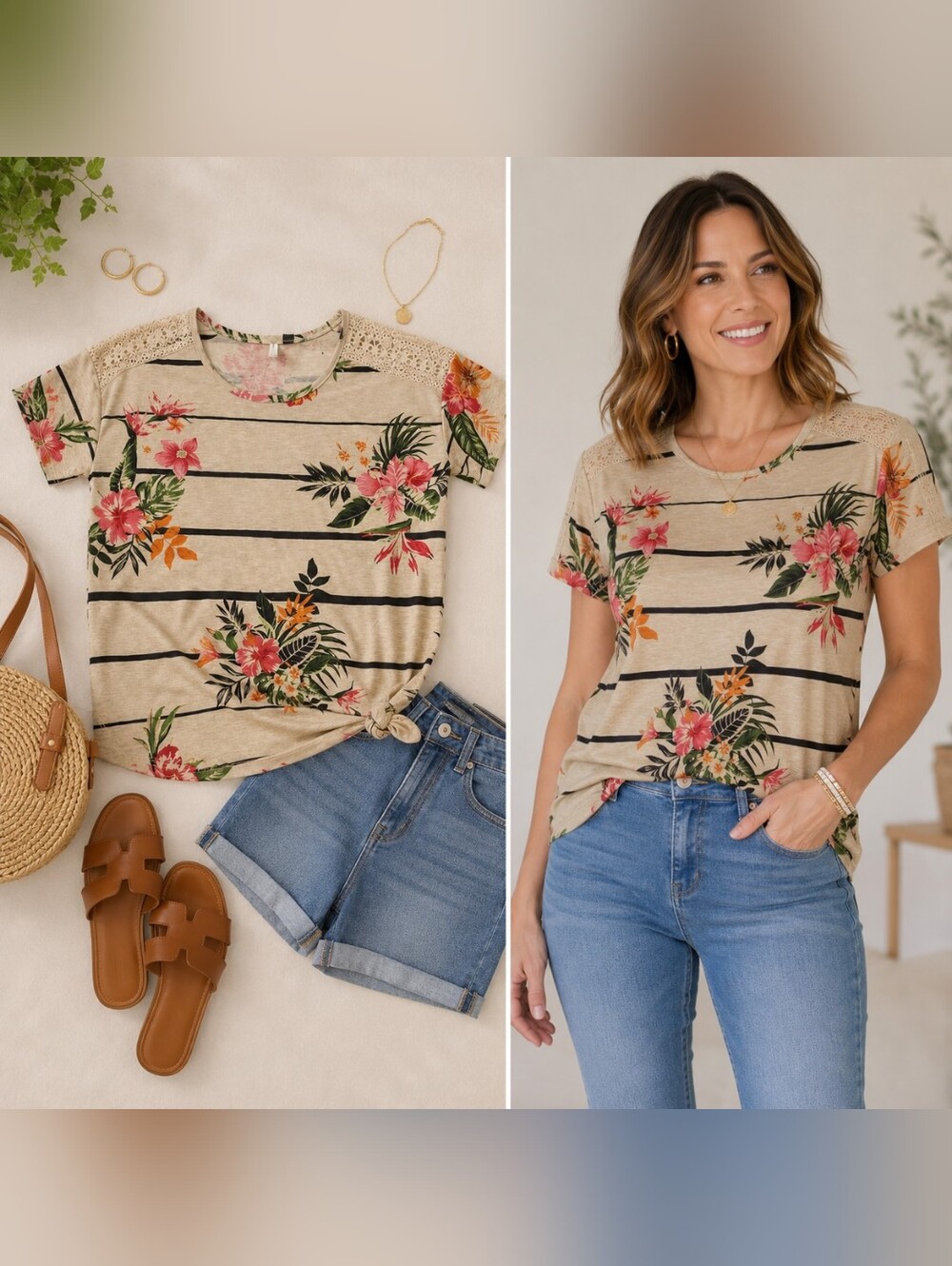 Cato Floral and Striped Short Sleeve Top